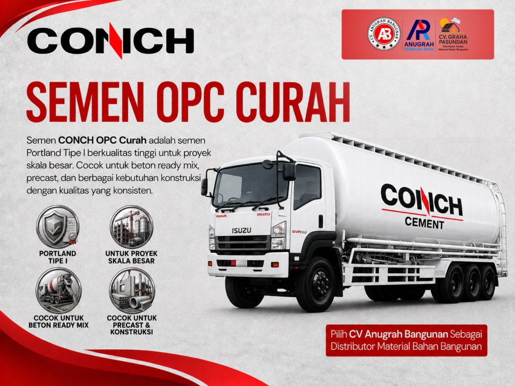 Poster produk Semen CONCH OPC Curah yang menampilkan kendaraan bulk cement tanker putih dengan identitas CONCH Cement. Visual menjelaskan Semen CONCH OPC Curah sebagai Semen Portland Tipe I untuk proyek skala besar, beton ready mix, precast, dan berbagai kebutuhan konstruksi. Poster menampilkan ikon Portland Tipe I, proyek skala besar, ready mix, serta precast, disertai logo CV Anugrah Bangunan, Anugrah Perkasa Raya, dan CV Graha Pasundan sebagai jaringan distributor material bangunan.