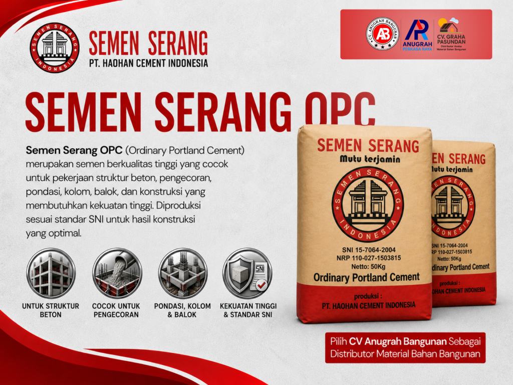 Poster Semen Serang OPC 50 kg yang menampilkan dua kemasan Ordinary Portland Cement berwarna cokelat dan merah dengan identitas Semen Serang dari PT Haohan Cement Indonesia. Visual menjelaskan penggunaan Semen Serang OPC untuk pekerjaan struktur beton, pengecoran, pondasi, kolom, dan balok serta kebutuhan konstruksi yang membutuhkan kekuatan tinggi. Poster juga menampilkan informasi standar SNI pada kemasan serta logo CV Anugrah Bangunan, Anugrah Perkasa Raya, dan CV Graha Pasundan sebagai jaringan distribusi material bangunan.